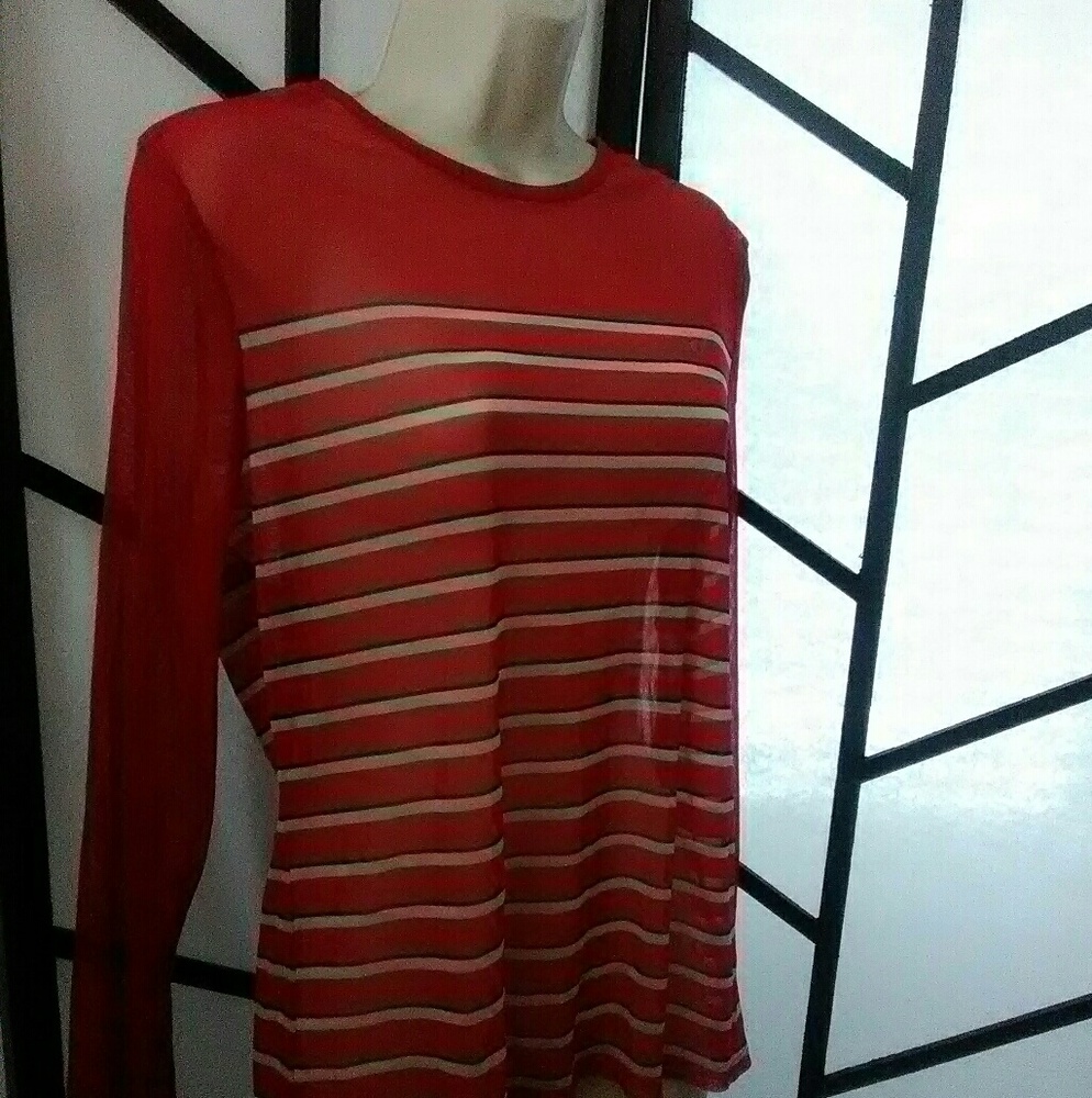 New York & Co Women's Red Striped Sheer Tunic Top